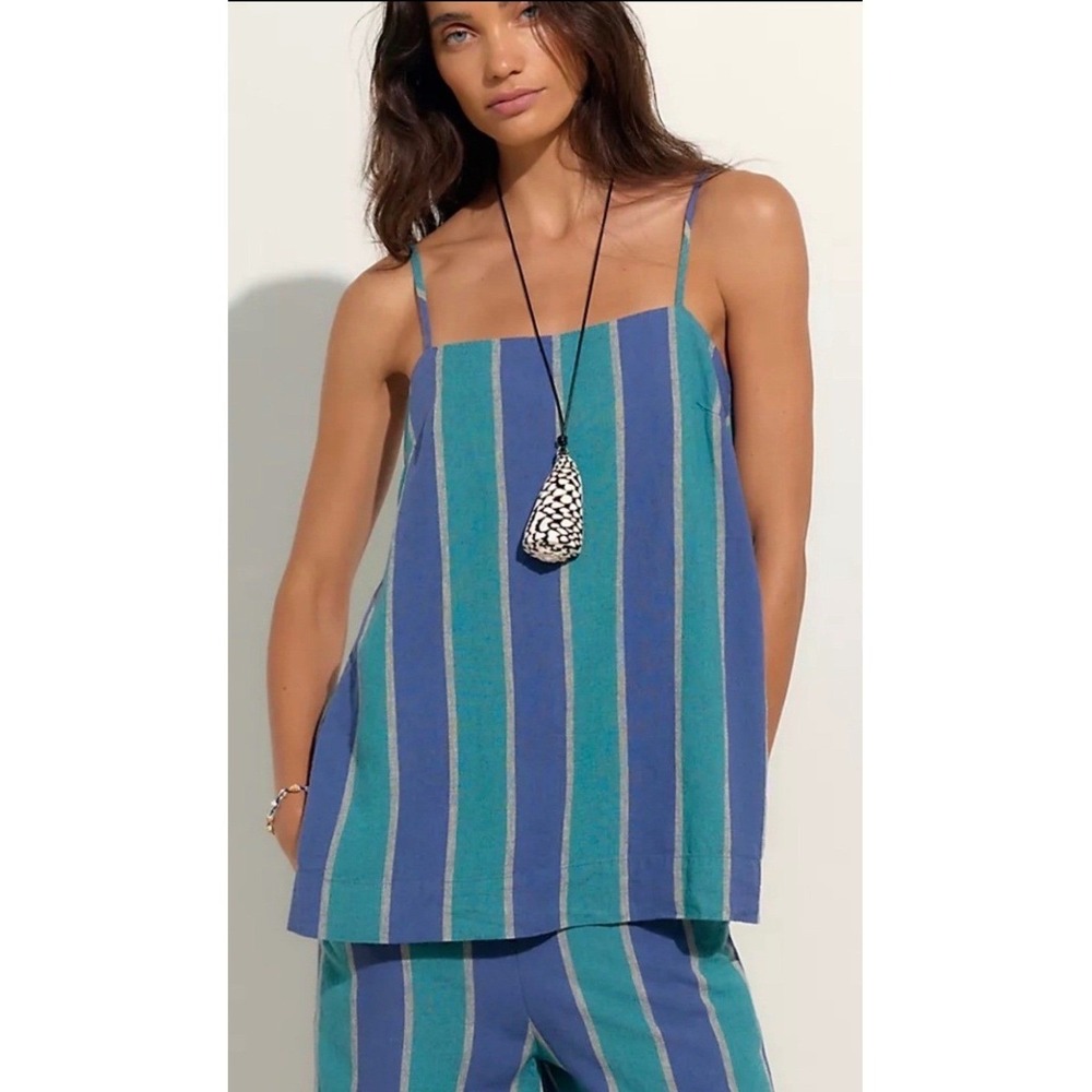 Free People Sightseer Linen TOP ONLY Navy Combo Striped Size M NWT